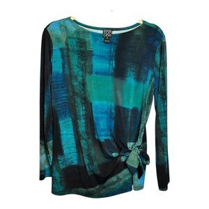 Clara Sun Woo Blouse Women's Size Medium Abstract Artsy Office Green Blue